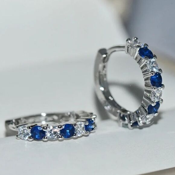 Beautiful Blue and White 2.20 Ct. Sapphire Hoop Earrings 14K White Gold on 925 - Picture 6 of 8